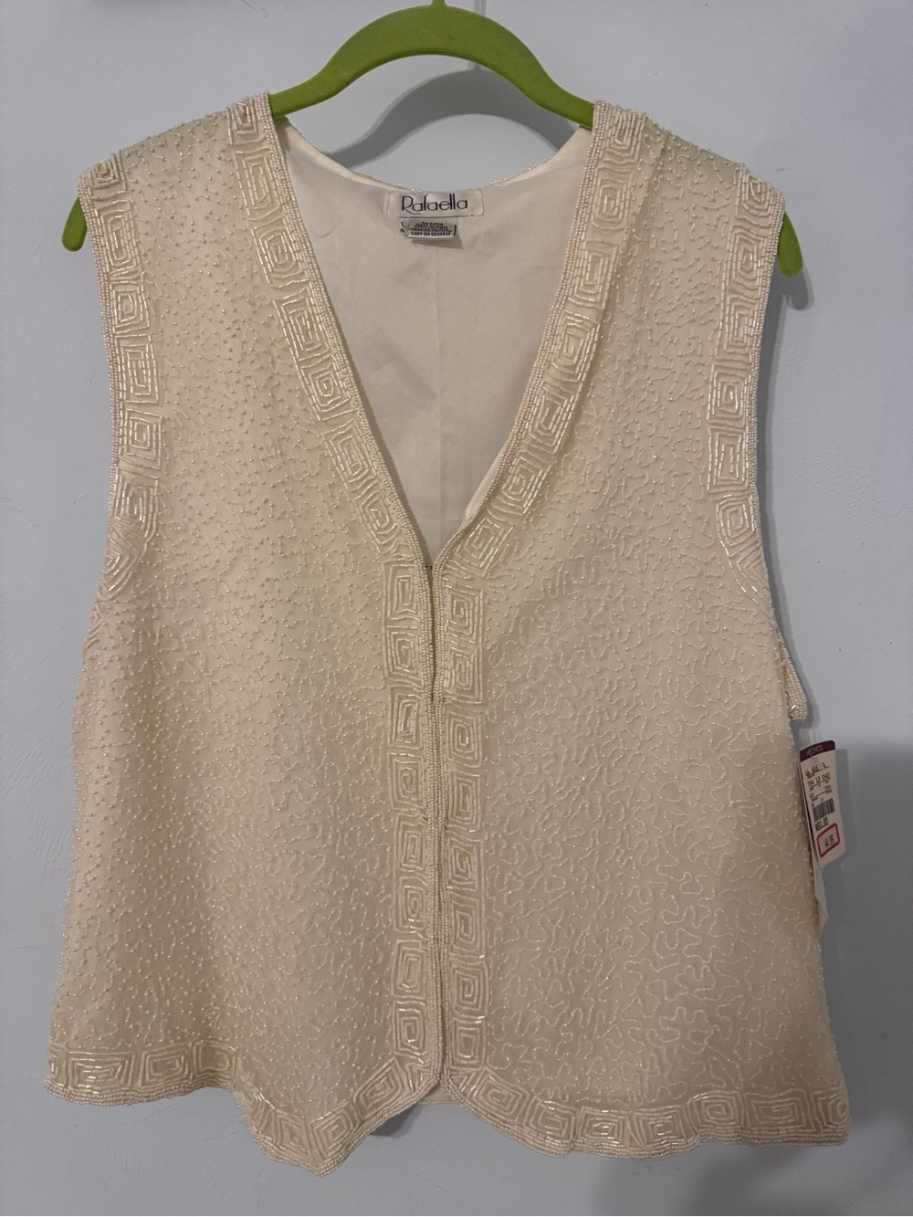 NWT Rafaella Vintage 100% Silk Beaded Vest Cream Ivory Geometric Boho Large L